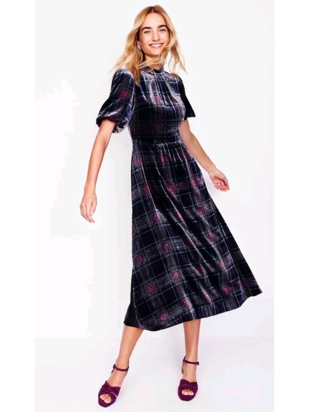 Boden Velvet High Neck Dress Short Puff Sleeve Blue Colorful Plaid - Picture 1 of 10